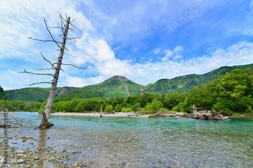 Scenic View of Taisho Pond and Mount Yakedake in Kamikochi, Nagano Prefecture photo