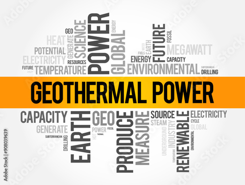 Geothermal Power refers to the energy derived from the heat stored within the Earth, word cloud concept background