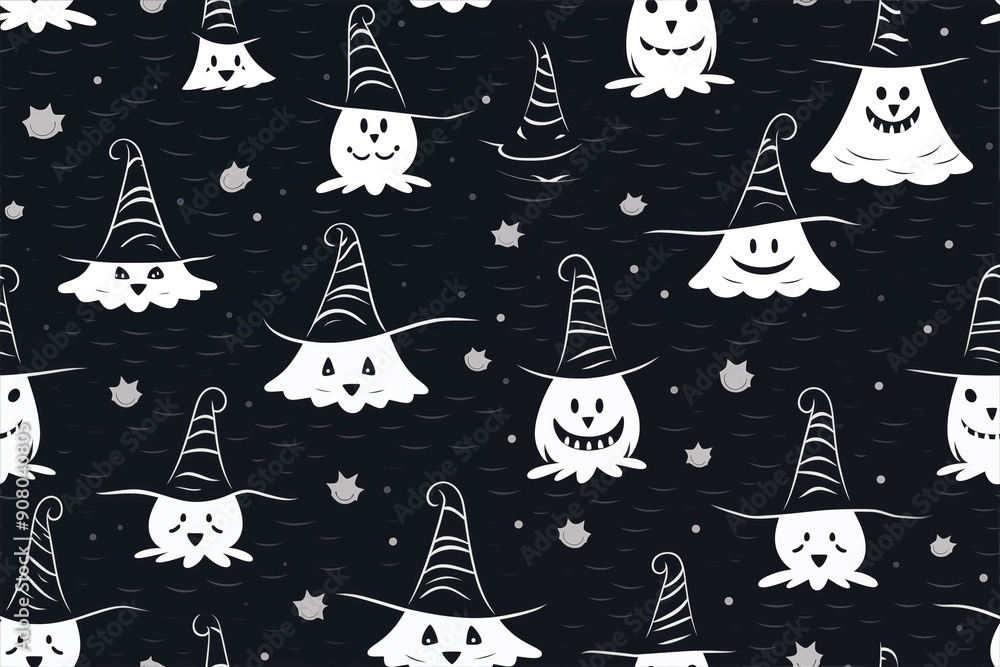Spooky Halloween Seamless Pattern with Ghosts and Witches Hats in Monochrome Tones Spooky Halloween Seamless Pattern with Ghosts and Witches Hats in Monochrome Tones