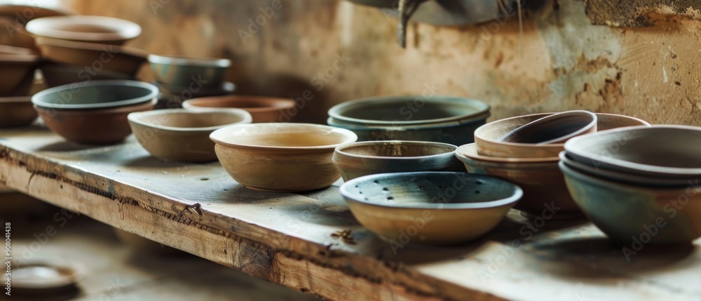 A wooden table adorned with handmade clay bowls with green and brown glaze exudes rustic charm and a tranquil atmosphere reminiscent of a pottery studio. Yellow wall in the blurred background A wooden table adorned with handmade clay bowls with green and brown glaze exudes rustic charm and a tranquil atmosphere reminiscent of a pottery studio. Yellow wall in the blurred background