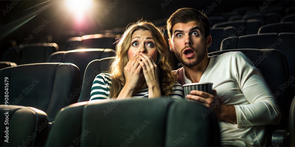 A scared young man and a young woman are sitting in a movie theater during a film show. A scared young man and a young woman are sitting in a movie theater during a film show.