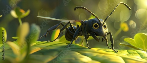 Cute cartoon ant standing on a vibrant green leaf in a lush forest. Free copy space for text.