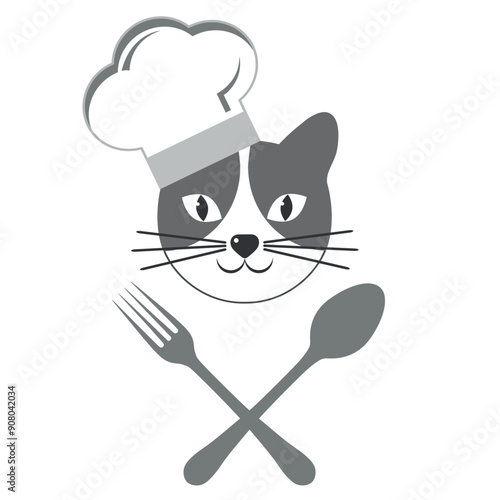 Illustration of cat chef and cutlery isolated on white background.