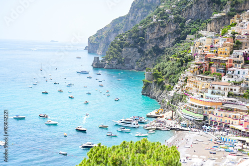 View of Positano village along Amalfi Coast in Italy . Positano, italy. Amalfi Coast and seascape.is popular travel and holyday destination in Europe.