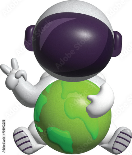 3d kawai illustration of cute astronaut holding earth globe