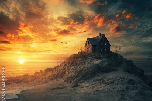 House constructed on the sand vs house constructed on a rock. Parable of the wise and foolish builders. Gospel of Matthew. Hearing Jesus' teachings and putting them into practice. Sunset sky, ai