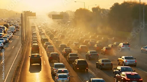 Commuters stuck in traffic jams amidst heavy smog, illustrating the health hazards of air pollution in urban settings.