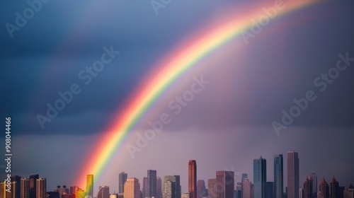 City skyline adorned with a vibrant rainbow after a refreshing rain.