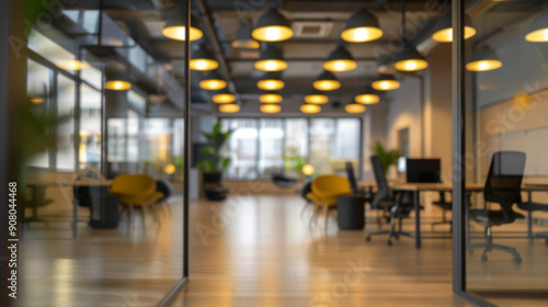 Wallpaper Mural Blurred modern office interior design with glass walls and lighting. A modern office space features glass walls, stylish furniture, and warm lighting, creating an inviting and productive workspace. Torontodigital.ca