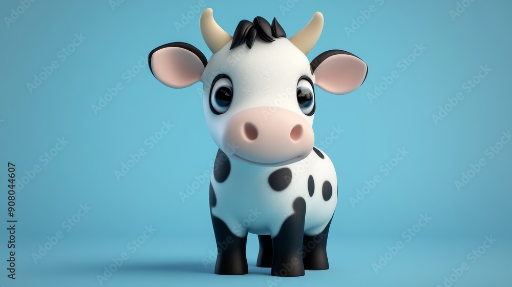 A cartoon cow with a black and white pattern standing on a blue background A cartoon cow with a black and white pattern standing on a blue background