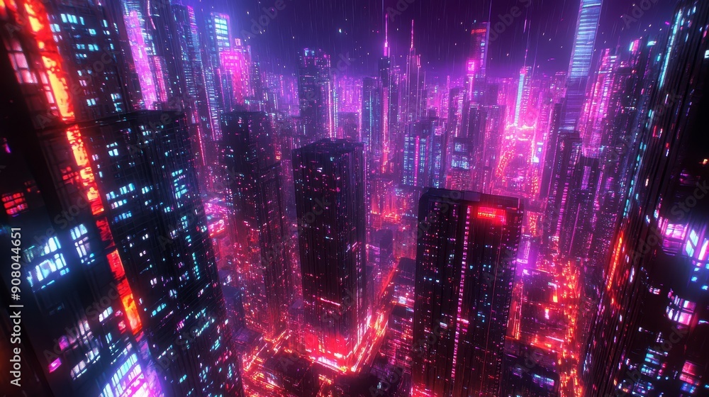 A cityscape with neon lights and buildings in the background A cityscape with neon lights and buildings in the background
