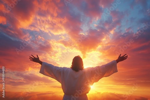 Jesus Christ with his arms open to humanity - Salvation and resurrection concept - Vibrant Sunset Sky - Vast landscape , ai