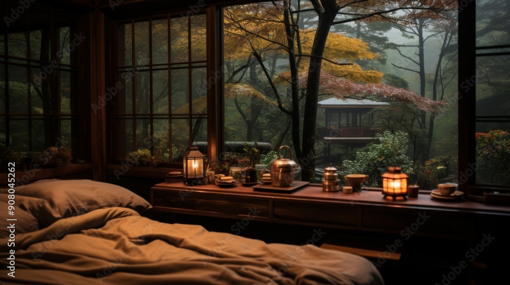 Cozy bedroom with a view of a misty forest in autumn. Cozy bedroom with a view of a misty forest in autumn.