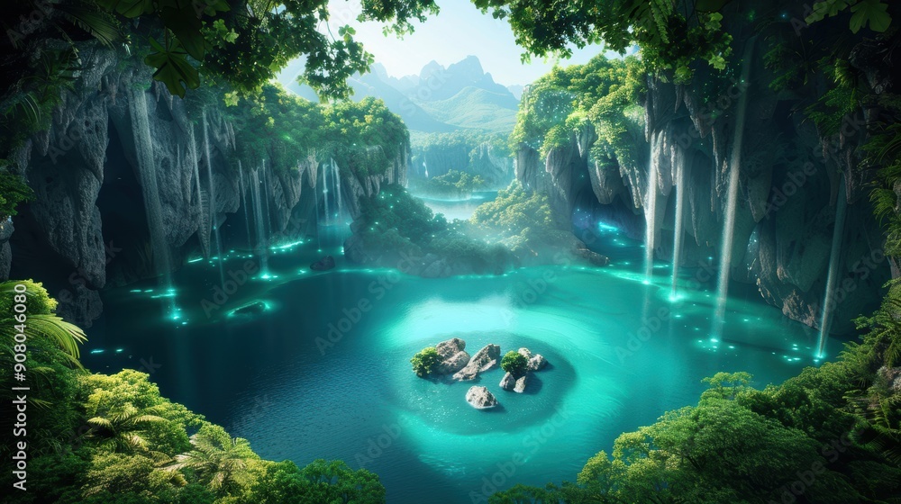 Design a breathtaking visual of a hidden lagoon on a fantasy island, surrounded by waterfalls cascading from lush cliffs and bioluminescent caves. Design a breathtaking visual of a hidden lagoon on a fantasy island, surrounded by waterfalls cascading from lush cliffs and bioluminescent caves.