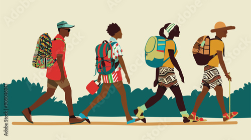 Young African explorers hiking vibrant summer. Diverse group friends backpacks travel adventure. Colorful illustration nature trek unique patterns attire. Multicultural hikers journey nature. Ethnic