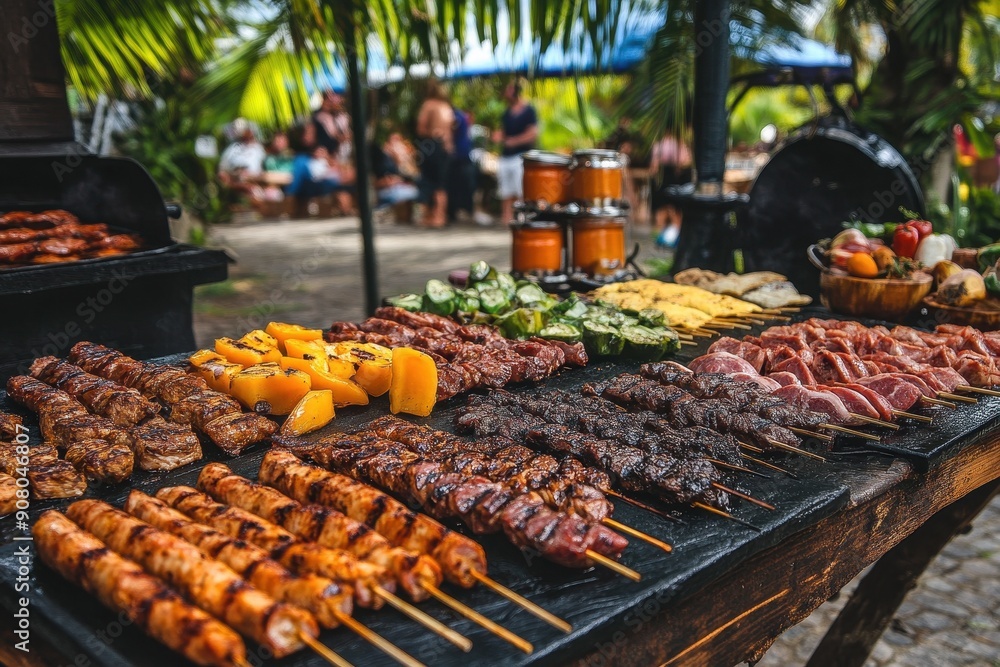 Vibrant BBQ Feast Featuring Grilled Meats and Vegetables at Tropical Outdoor Gathering Vibrant BBQ Feast Featuring Grilled Meats and Vegetables at Tropical Outdoor Gathering