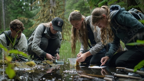 Students studying biology observe plants in the wild.