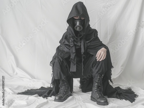 Medium shot of The man put on a black hood and an old, disheveled, torn cloak, black boots, and a black respirator mask, themed background, bright tonality, in the style of fashion photography.