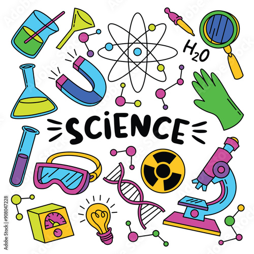 Set of laboratory equipment in black and white outlined doodle style. Hand drawn childish chemistry and science icons set. Elements, formulas, test-tube.