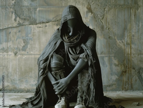 Medium shot of The man put on a black hood and an old, disheveled, torn cloak, black boots, and a black respirator mask, themed background, bright tonality, in the style of fashion photography.