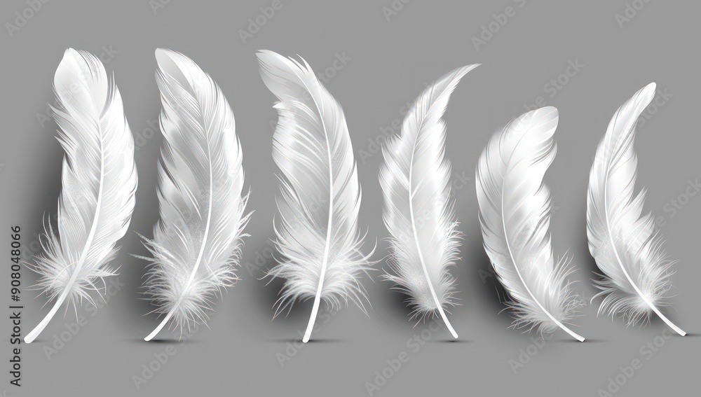 White feathers set isolated on a grey background. Generate AI image White feathers set isolated on a grey background. Generate AI image