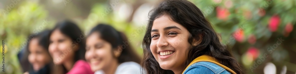 Cheerful young Indian woman student studying outdoors with friends at school college or university for learning education or scholarship Motivation smiles and group of students dedicated to Cheerful young Indian woman student studying outdoors with friends at school college or university for learning education or scholarship Motivation smiles and group of students dedicated to