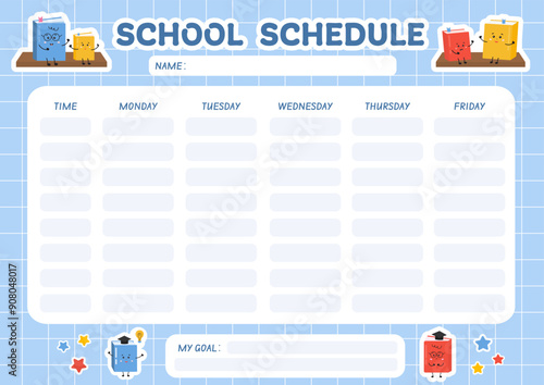 School schedule, weekly classes school timetable for students or pupils. Illustration includes many education elements and school equipment. Schedule program, lesson plan for pupils. School children