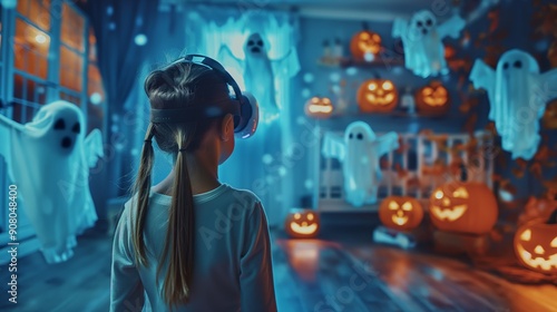 A child girl in virtual glasses, at home in her room decorated for Halloween, sees augmented reality with flying creepy ghosts, spiders and pumpkins for Halloween