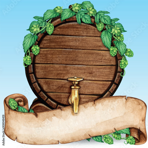 Watercolor hand drawn wooden beer barrel with hops vines