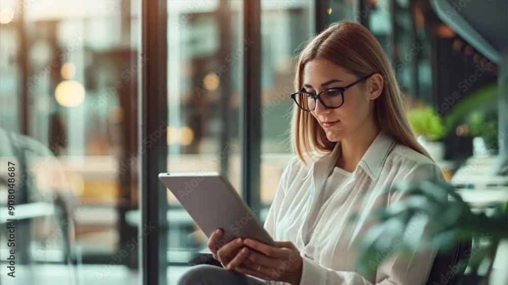 Young businesswoman using digital tablet in modern office. technology communication concept. Young businesswoman using digital tablet in modern office. technology communication concept.