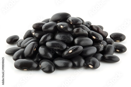 Heap of shiny black beans on white background