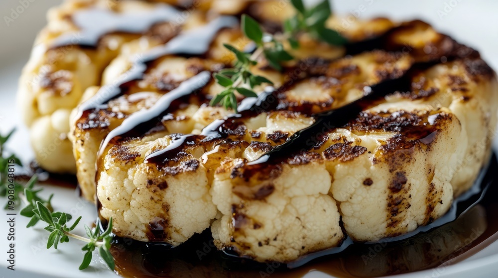 Grilled cauliflower steak with balsamic glaze. Close-up of a grilled cauliflower steak drizzled with balsamic glaze. The cauliflower is perfectly charred and the glaze adds a sweet and tangy flavor. Grilled cauliflower steak with balsamic glaze. Close-up of a grilled cauliflower steak drizzled with balsamic glaze. The cauliflower is perfectly charred and the glaze adds a sweet and tangy flavor.