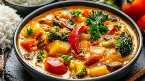 Delicious vegetarian curry with vegetables and rice. A flavorful vegetarian curry made with fresh vegetables, coconut milk, and spices. Served with a side of steamed rice.