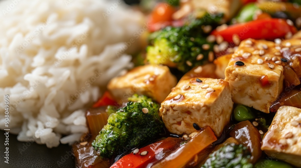 Tofu stir fry with vegetables and rice. A delicious and healthy meal featuring tofu stir-fried with vegetables and served with steamed rice. Tofu stir fry with vegetables and rice. A delicious and healthy meal featuring tofu stir-fried with vegetables and served with steamed rice.
