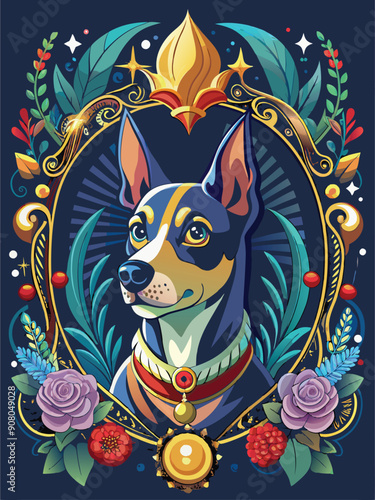 A Portrait of a Miniature Pinscher with Floral Decorations