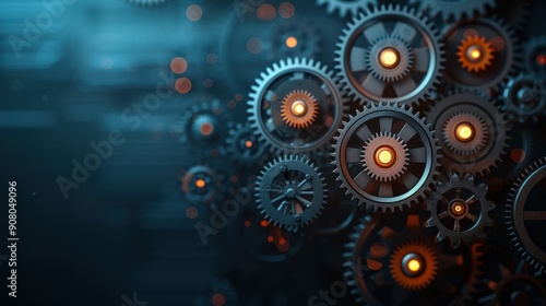 Wallpaper Mural Close-up of interlocking gears and cogs with glowing centers in motion, representing mechanical engineering, technology, and industry. Torontodigital.ca