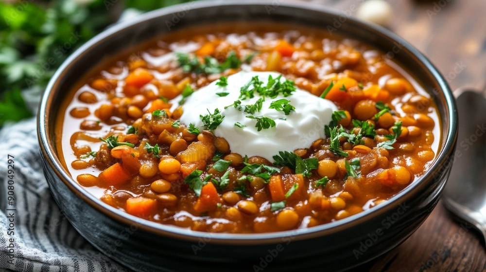 Lentil soup with yogurt and parsley. Close-up of a bowl of hearty lentil soup topped with a dollop of creamy yogurt and fresh parsley. A comforting and flavorful meal. Lentil soup with yogurt and parsley. Close-up of a bowl of hearty lentil soup topped with a dollop of creamy yogurt and fresh parsley. A comforting and flavorful meal.