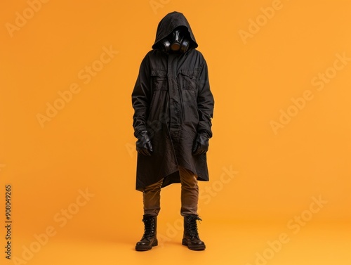 Medium shot of The man put on a black hood and an old, disheveled, torn cloak, black boots, and a black respirator mask, themed background, bright tonality, in the style of fashion photography.