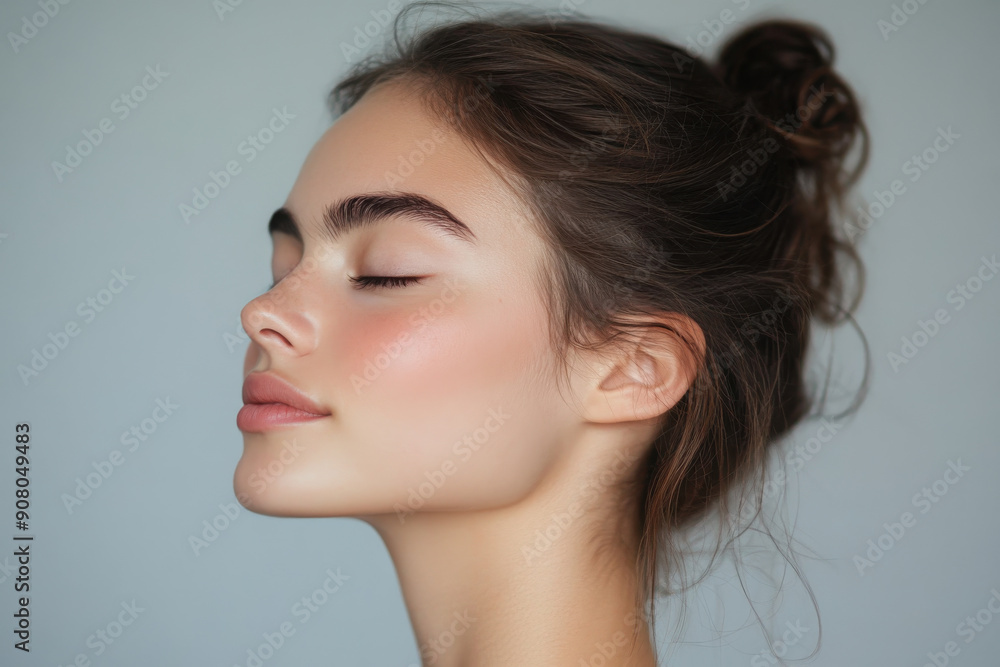 A close up of a girl's face with her eyes closed