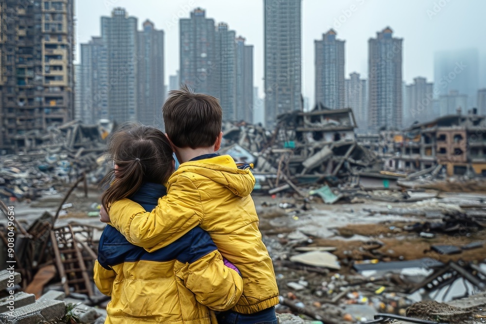 Children Embracing Amidst Urban Ruins With Skyscrapers in Background Children Embracing Amidst Urban Ruins With Skyscrapers in Background