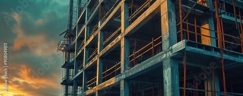 Large construction site with steel framework against a vibrant sunset sky.