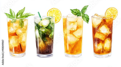 Depict different cultural takes on iced tea, such as sweet tea from the Southern United States, Thai iced tea, or Japanese iced green tea, celebrating the global love for this refreshing drink. 