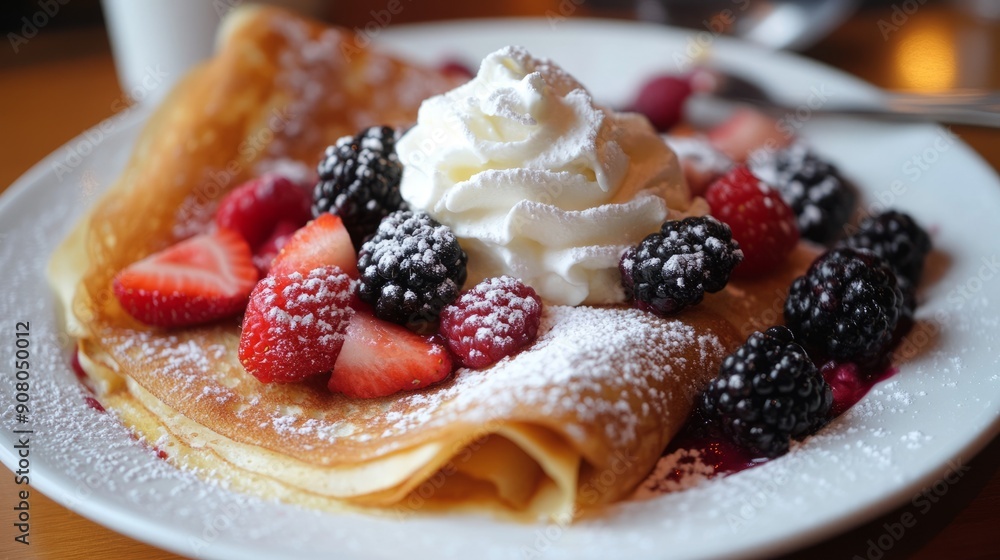 Delicious crepe with whipped cream, berries and powdered sugar. Close-up of a crepe topped with whipped cream, fresh strawberries, blackberries and a dusting of powdered sugar. Delicious crepe with whipped cream, berries and powdered sugar. Close-up of a crepe topped with whipped cream, fresh strawberries, blackberries and a dusting of powdered sugar.