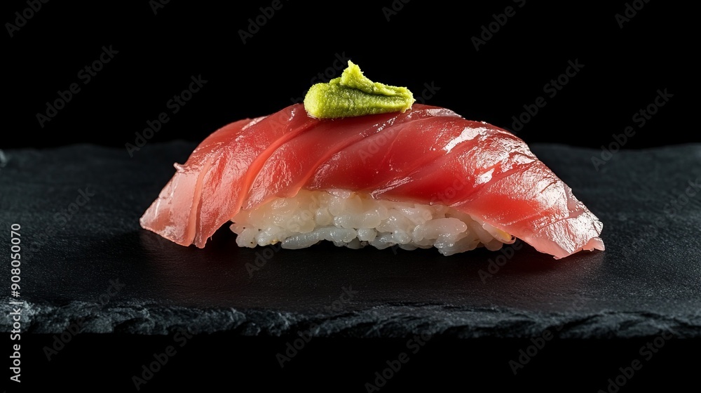 Delicious tuna nigiri sushi. Close up of a single piece of tuna nigiri sushi, topped with wasabi, presented on a black slate. Delicious tuna nigiri sushi. Close up of a single piece of tuna nigiri sushi, topped with wasabi, presented on a black slate.