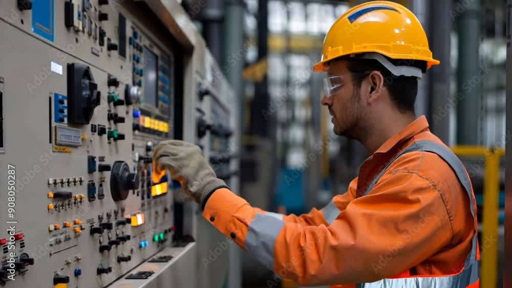 Professional worker in a heavy industry setting operates a robotic arm using a control panel, human expertise and advanced robotics technology. Professional worker in a heavy industry setting operates a robotic arm using a control panel, human expertise and advanced robotics technology.