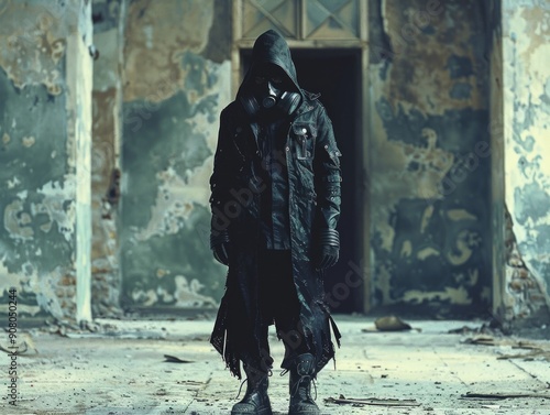 Medium shot of The man put on a black hood and an old, disheveled, torn cloak, black boots, and a black respirator mask, themed background, bright tonality, in the style of fashion photography.