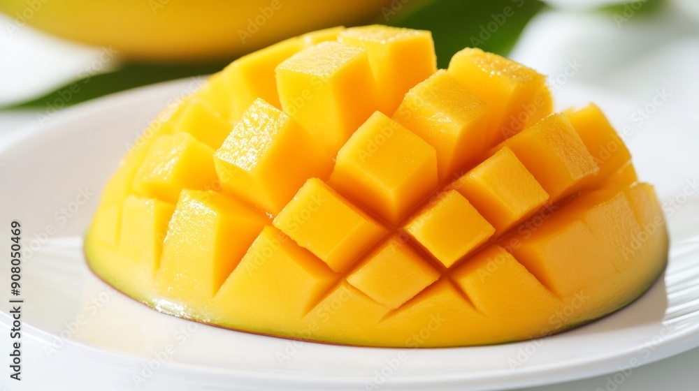 Freshly cut mango on a plate. A close-up shot of a ripe mango cut into squares, showcasing its juicy and vibrant yellow flesh. The fruit sits on a white plate, ready to be enjoyed. Freshly cut mango on a plate. A close-up shot of a ripe mango cut into squares, showcasing its juicy and vibrant yellow flesh. The fruit sits on a white plate, ready to be enjoyed.