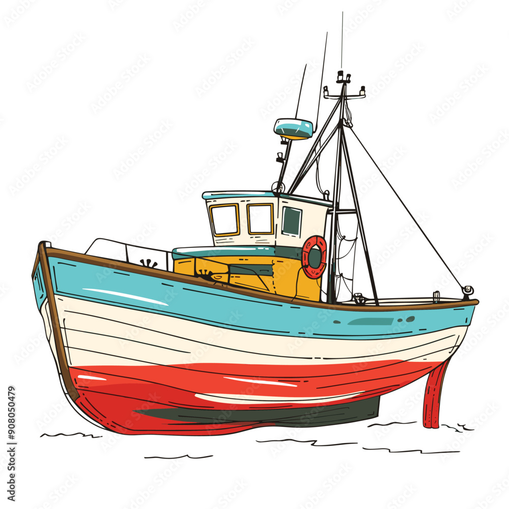 Small colorful fishing boat drawn, sailing calm sea. Red, blue, yellow vessel suitable coastal art uses. Quaint nautical design evokes seaside charm Small colorful fishing boat drawn, sailing calm sea. Red, blue, yellow vessel suitable coastal art uses. Quaint nautical design evokes seaside charm