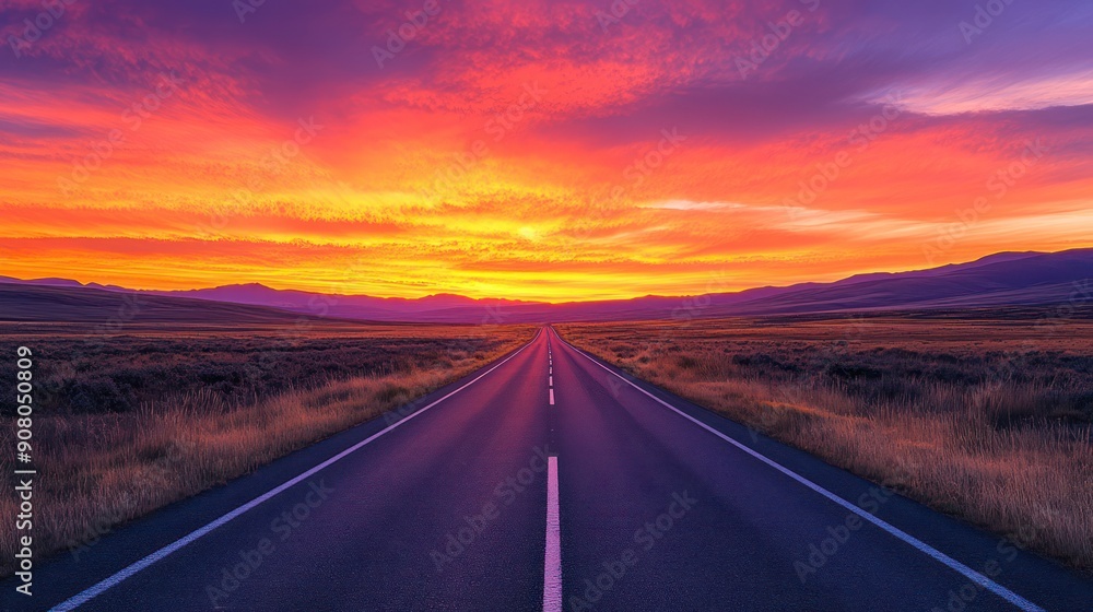 Fototapeta premium long road leading to the horizon towards purple sky with mountains