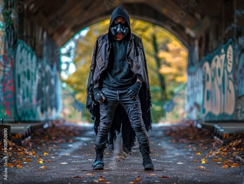 Medium shot of The man put on a black hood and an old, disheveled, torn cloak, black boots, and a black respirator mask, themed background, bright tonality, in the style of fashion photography.